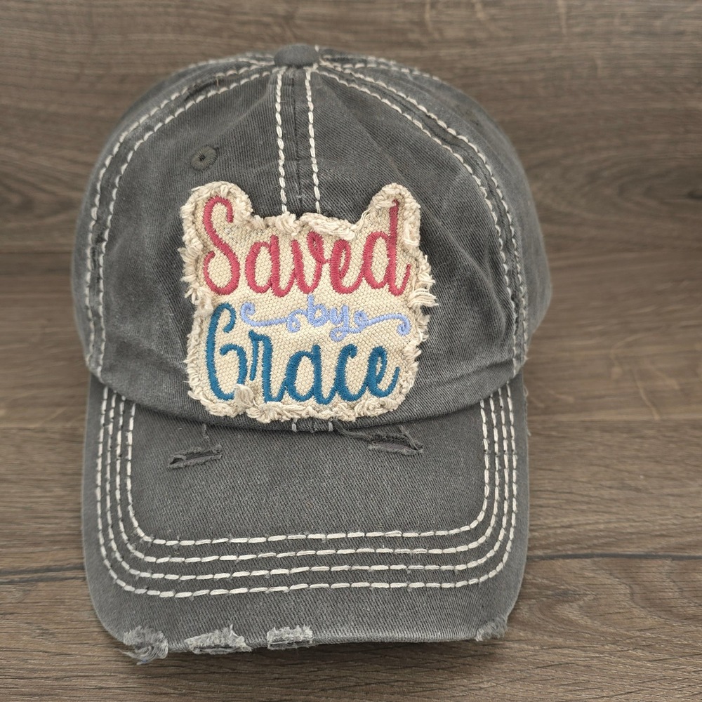 Saved By Grace Hat KBETHOS Cap Womens Strap Back Gray Distressed Faith Religious